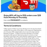 [Prime, DashPass] 40% off (up to $15) Orders over $25 from Monday to Thursday @ DoorDash