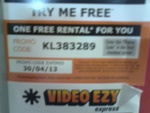 One Free Rental @ Video Ezy Express - Promo Code KL383289 Expires 30/04/13