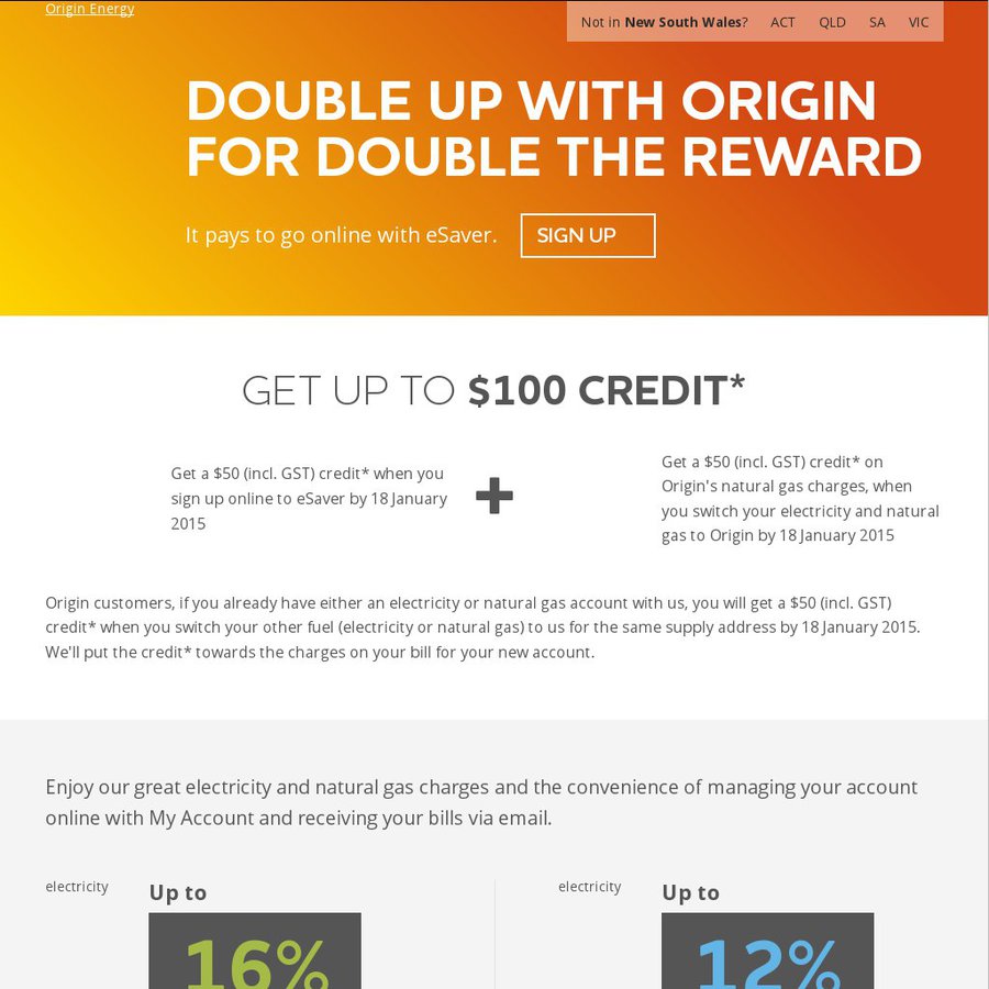 Origin Esaver Plan up to 16 off Electricity and 12 Gas. Get 50