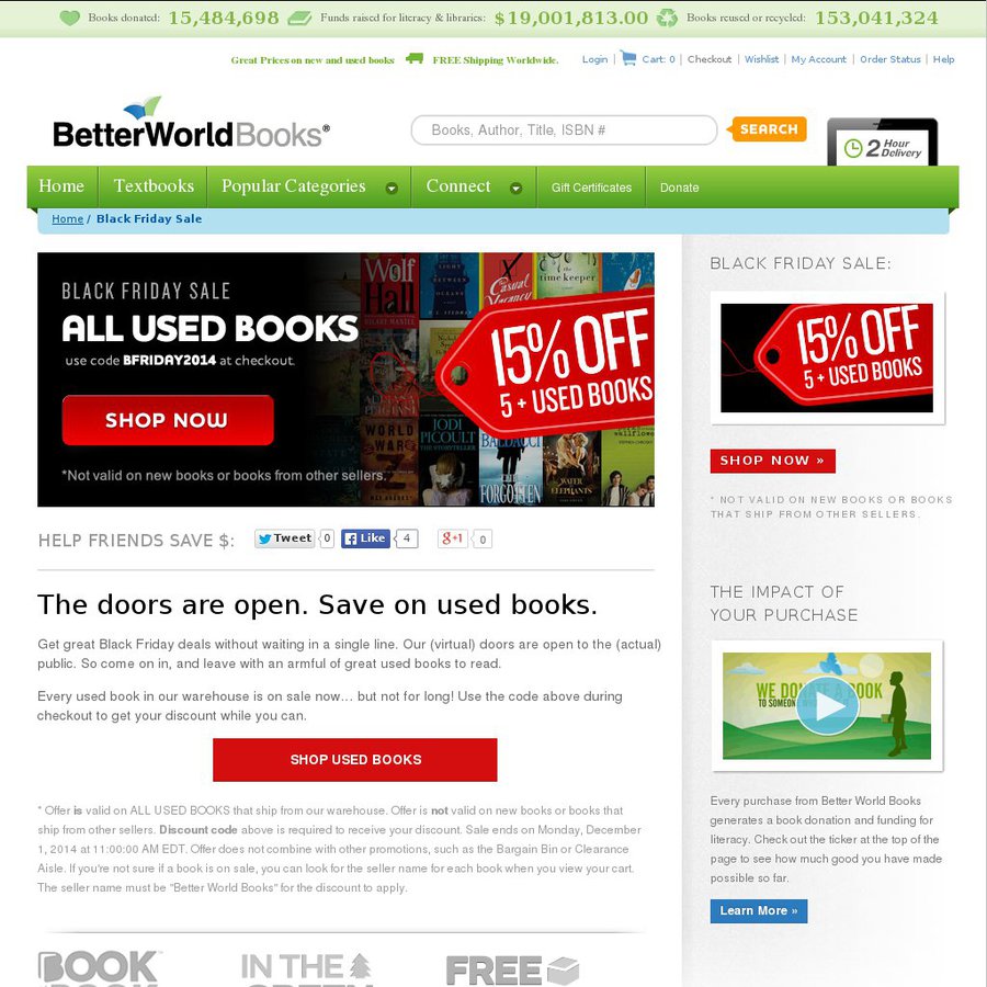 BetterWorldBooks Black Friday Sale - 15% Off 5+ Used Books & Free ...