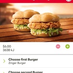 [Hack] 2 for 1 Zinger Burgers ($5.95 ~ $6.95 for 2 Varying by Location) @ KFC App (Item Link Required)