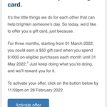 $50 Gift Card with $1,000 Spend @ ANZ (Credit Card Customers, Activation Required)