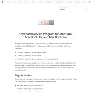 Free Keyboard Service for Select MacBook, MacBook Air, MacBook Pro Model for 4 Years after First Retail Sale of The Unit @ Apple