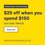 $25 off When You Spend $150 Online + Delivery ($0 to Metro/ $149 Order/ C&C) @ Liquorland