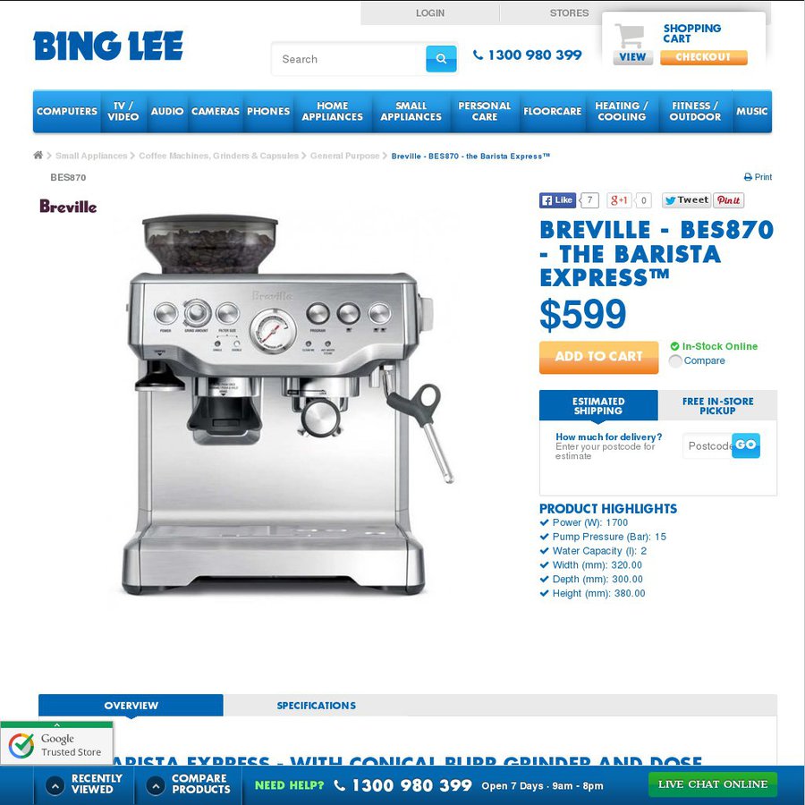 Breville BES870 Coffee Machine 539.10 Bing Lee OzBargain