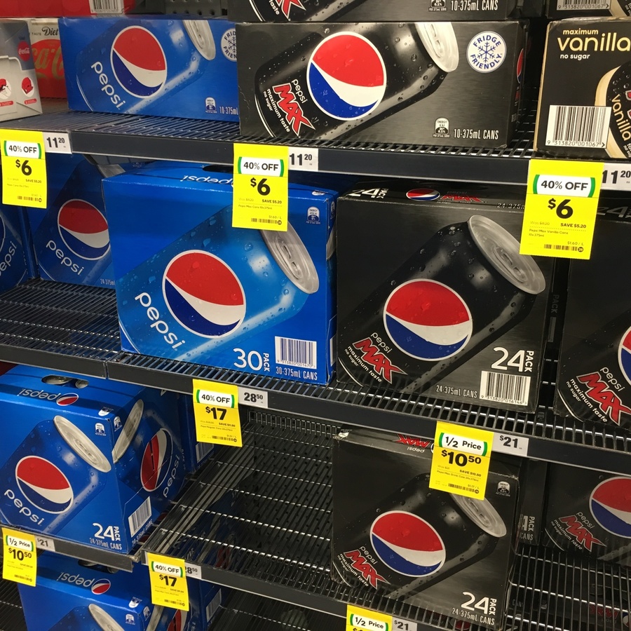 40% off 30 Pack Pepsi Cans $17, 50% off 24 Pack Pepsi Max $10.5