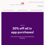 30% off All in-App Purchases @ H&M via App