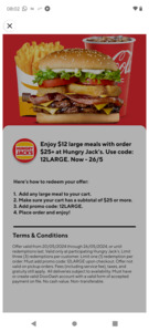 Hungry Jack's $12 Large Meals (Order $25 or More) + Service Fees @ DoorDash
