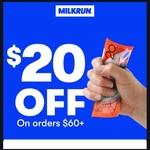 $20 off Minimum $60 Order + $5 Delivery @ MILKRUN (Excl NT)