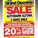 Autobarn Altona Grand Opening 20% off Sale + Free Sausage Sizzle (on Saturday) 