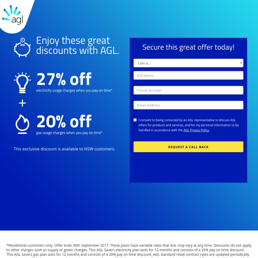 NSW AGL Electricity 25 and Gas 20 Discount Offer