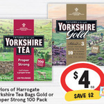 ⅓ off Taylors of Harrogate Yorkshire Gold or Proper Strong Tea Bags 100pk $4 @ Supa IGA