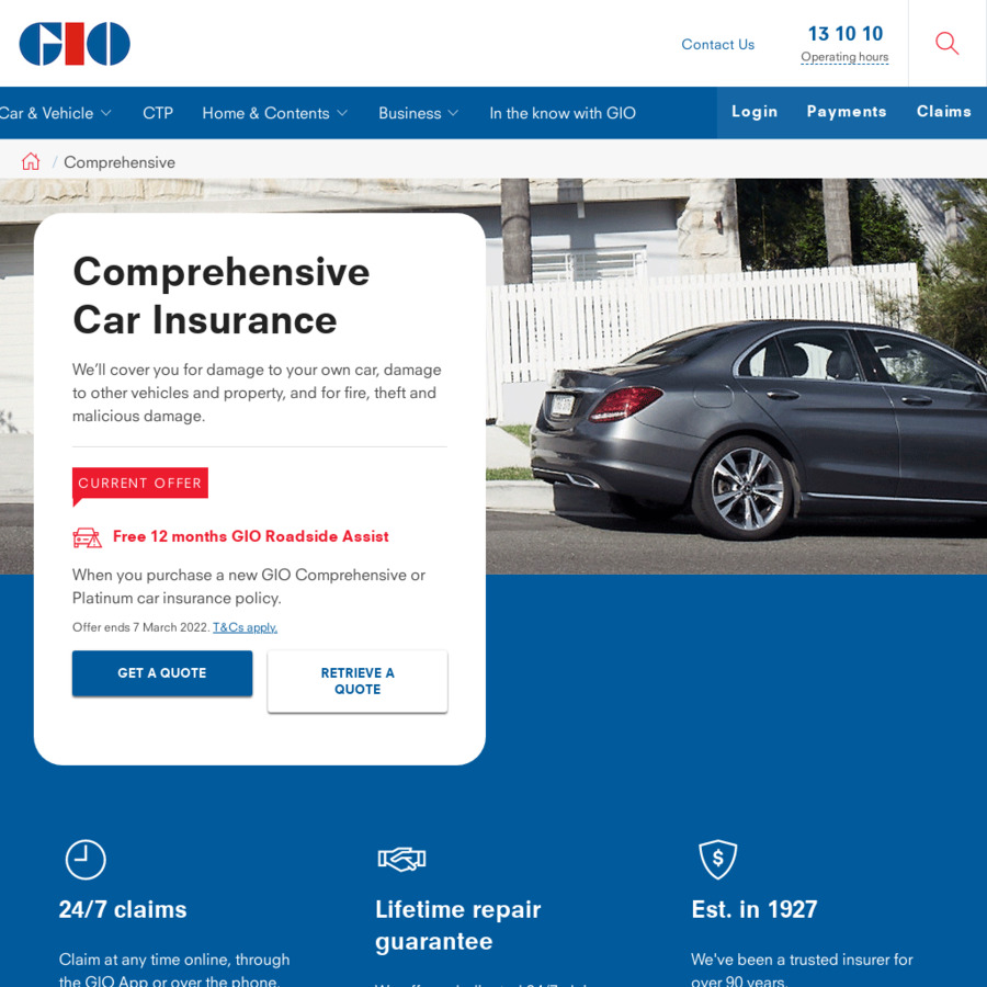 Free 1 Year Roadside Assist with GIO Comprehensive Car Insurance (New Customers Only) GIO Free 1 Year Roadside Assist with GIO Comprehensive Car Insurance (New Customers Only) GIO