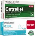 Allergy Relief Bundle: 70x Cetrelief (Cetirizine 10mg) + 10x Lorazol (Loratadine 10mg), $10.99 Delivered @ PharmacySavings