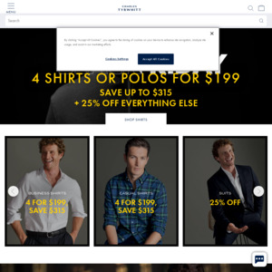 4 Shirts or Polos for $199 + 25% Off Everything Else + $19.95 Delivery ($0 with $199 Order) @ Charles Tyrwhitt
