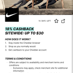 Nike 18% Cashback (Was 5%, up to $30 Cap) @ Cheddar (App Required)