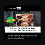 [Uber Pass] $10 off $30 Spend on Participating Restaurants + Service Fees @ Uber Eats