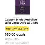 Cobram Extra Virgin Olive Oil Classic 3 Litre $50 @ Coles