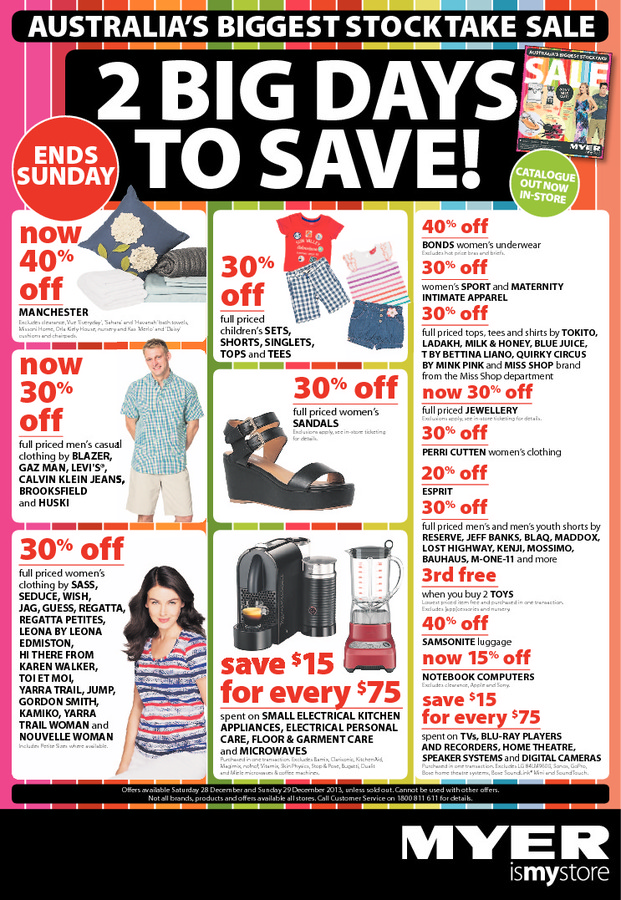 Myer 2 Day Sale: Save $15 for Every $75 Spent on Appliances and