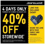 40% Off Family and Friends @ JeansWest THIS WEEKEND