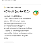 [Uber One] 40% off (up to $20) at select stores