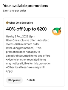 [Uber One] 40% off (up to $20) at Select Stores @ Uber Eats