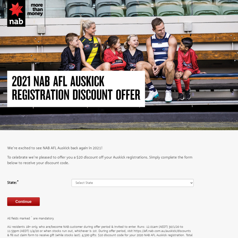 20 off Registration Fees AFL Auskick via NAB OzBargain