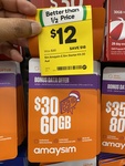amaysim $30 eSIM Starter Kit with 60GB Data for 3 Renewals, Data Bank, Unlimited International Calls for $12 @ Woolworths