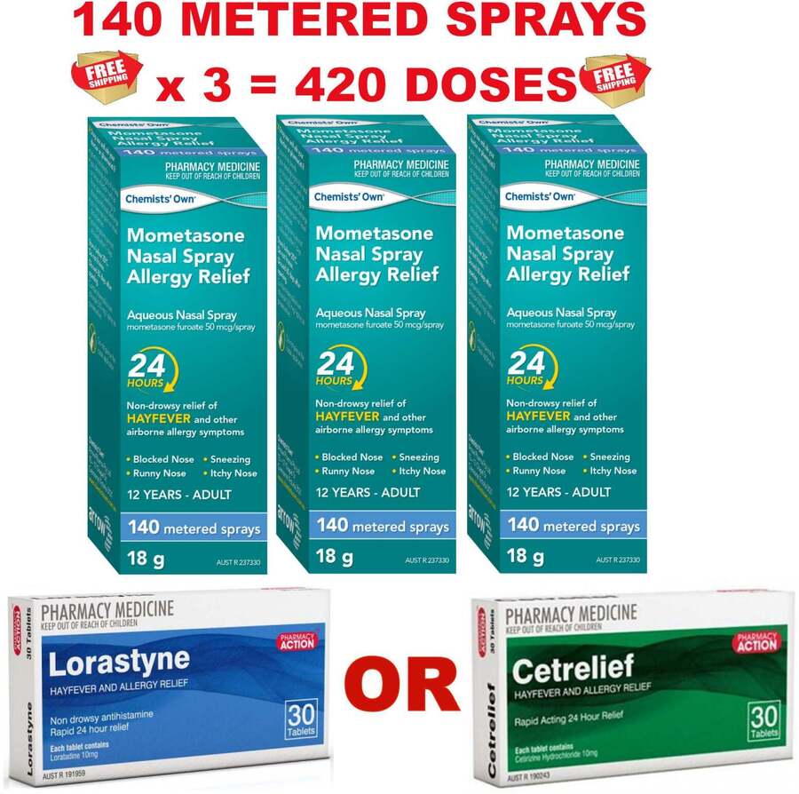 3x 140 Dose Mometasone Nasal Spray (Chemists' Own) + 30x Loratadine or