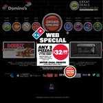 Domino's 3 Pizzas + Garlic Bread + 1.25l Drink $25 Delivered or FREE Belgian Choc Lava Cake