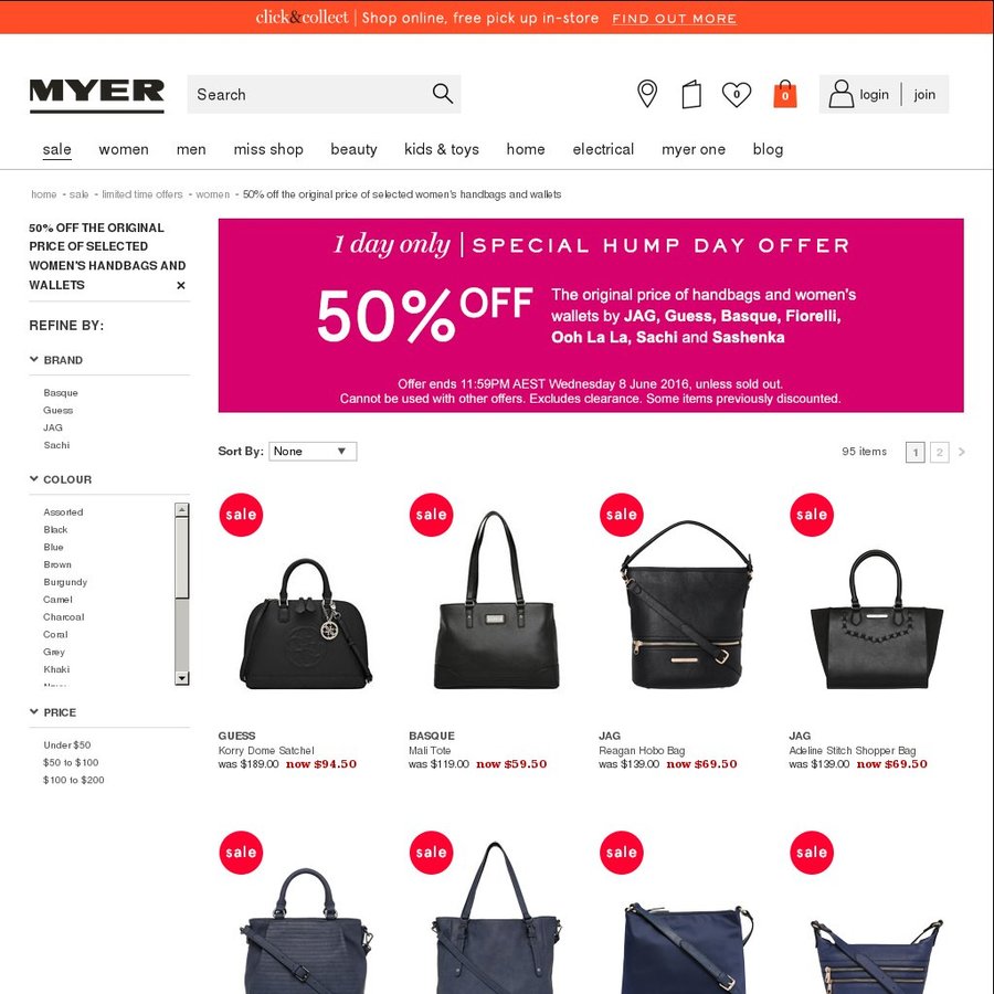 MYER Hump Day Offer 50 Selected Women s Handbags and Wallets