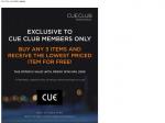 CUE-buy any 3 items & receive the lowest priced item for free!