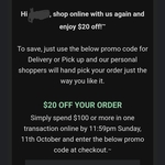 $20 off $100 Online Order @ Woolworths Online