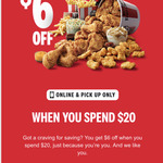 $6 off $20 Spend @ KFC (Online & Pickup Only)