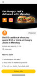 $5 Cashback on $30 Online Spend at Hungry Jack's via Menulog @ CommBank Yello (Activation Required)