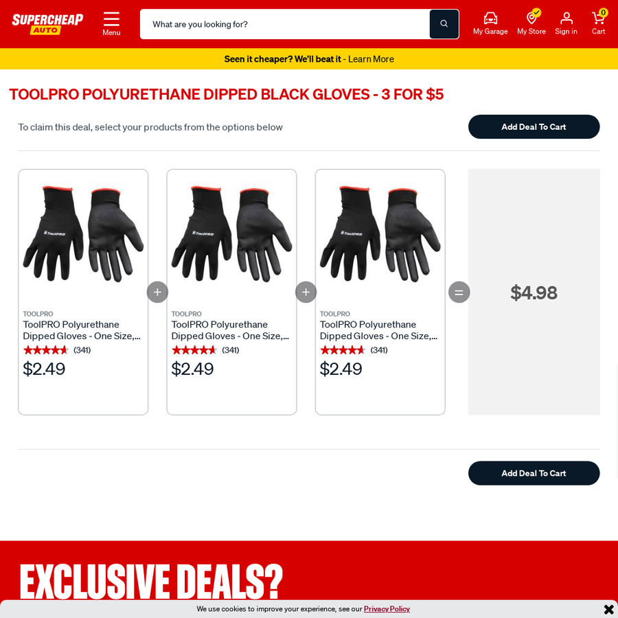 Polyurethane Dipped Black Gloves - 3 Pairs For $4.98 (excl Club Members 