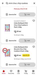 Coles Multipack Mini Biscuits Choc Chip Cookies 8-Pack 180g $0.50 (Was $2.30) @ Coles (in Store Only)