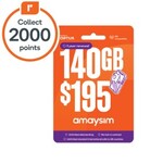 amaysim 1 Year Prepaid SIM Starter Pack (Includes 28 Countries) 140GB $159, 200GB $179 + 2000 EDR Points @ Woolworths in-Store