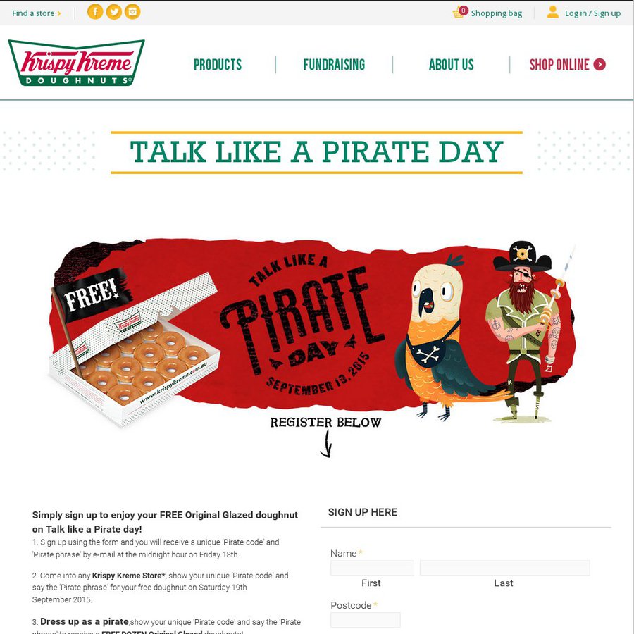 FREE Original Glazed Doughnut or Original Dozen on Talk Like A Pirate